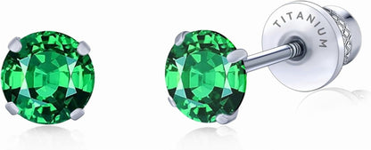 Limerencia Hypoallergenic G23 Pure Titanium Screw Back Earrings Post for Sensitive Ears Simulated Diamond Cartilage (5mm, Green CZ)
