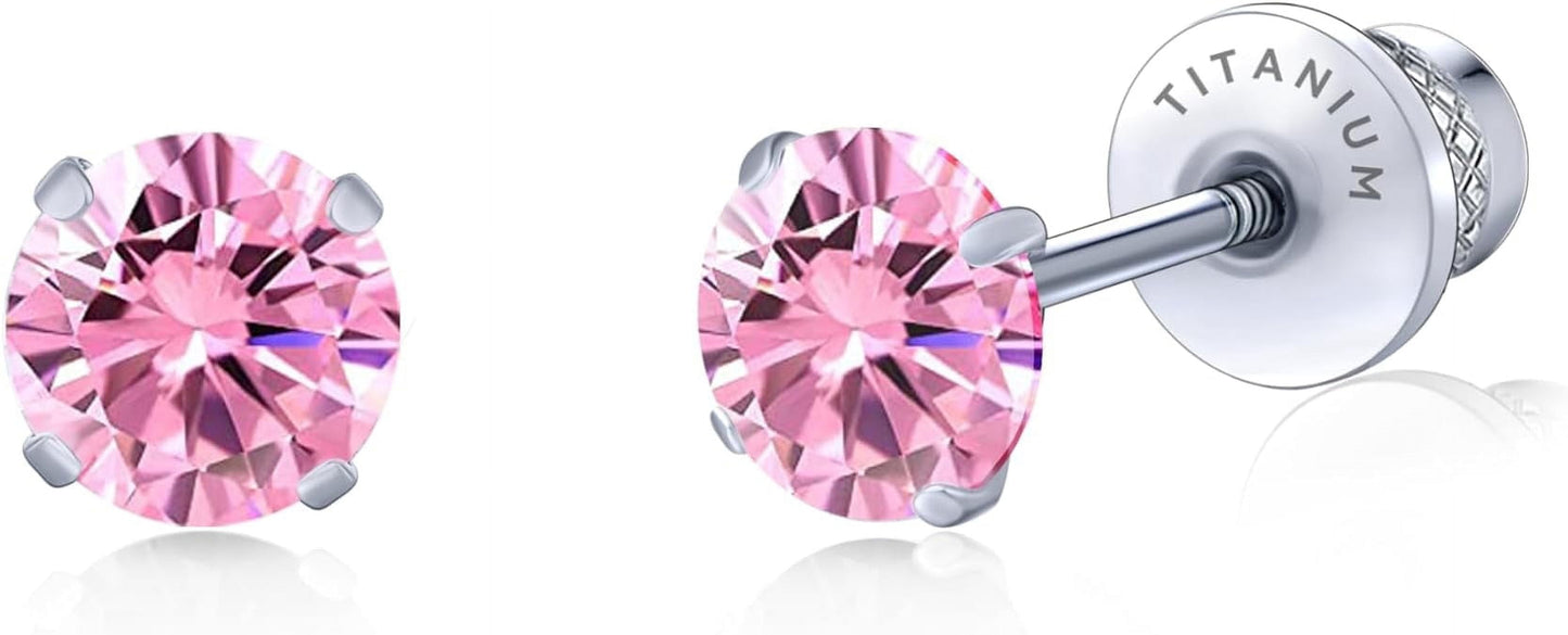 Limerencia Hypoallergenic G23 Pure Titanium Screw Back Earrings Post for Sensitive Ears Simulated Diamond Cartilage (5mm, Pink)