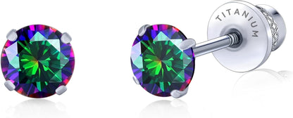 Limerencia Hypoallergenic G23 Pure Titanium Screw Back Earrings Post for Sensitive Ears Simulated Diamond Cartilage (5mm, Rainbow Quartz)