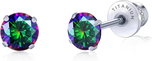 Limerencia Hypoallergenic G23 Pure Titanium Screw Back Earrings Post for Sensitive Ears Simulated Diamond Cartilage (5mm, Rainbow Quartz)