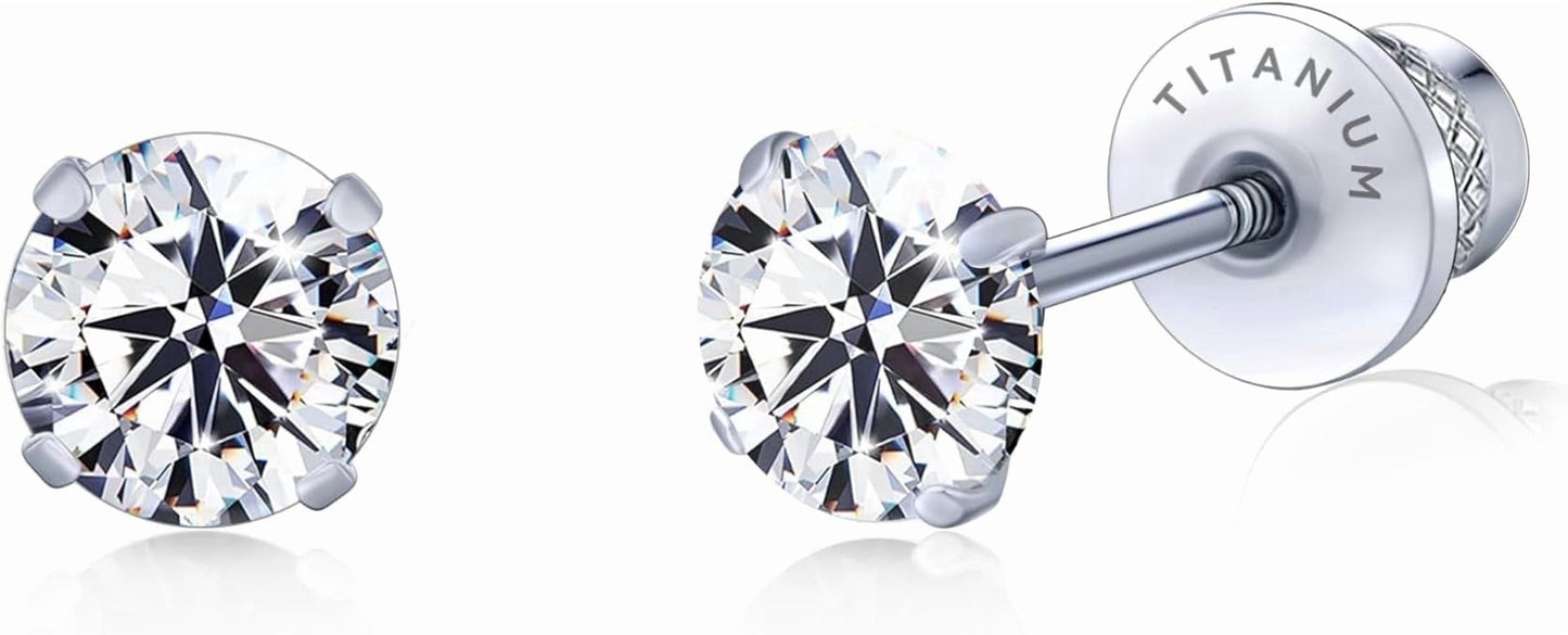 Limerencia Hypoallergenic G23 Pure Titanium Screw Back Earrings Post for Sensitive Ears Simulated Diamond Cartilage (5mm, White CZ)