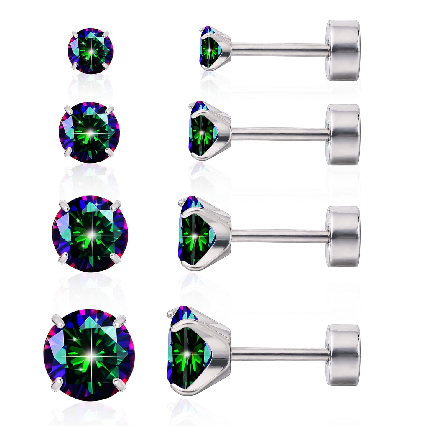 Limerencia Hypoallergenic Titanium Jewelry Flat Back Cartilage Earrings, Cubic Zirconia Studs, Pack of 4 Pairs