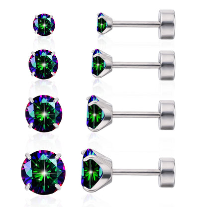 Limerencia Hypoallergenic Titanium Jewelry Flat Back Cartilage Earrings, Cubic Zirconia Studs, Pack of 4 Pairs