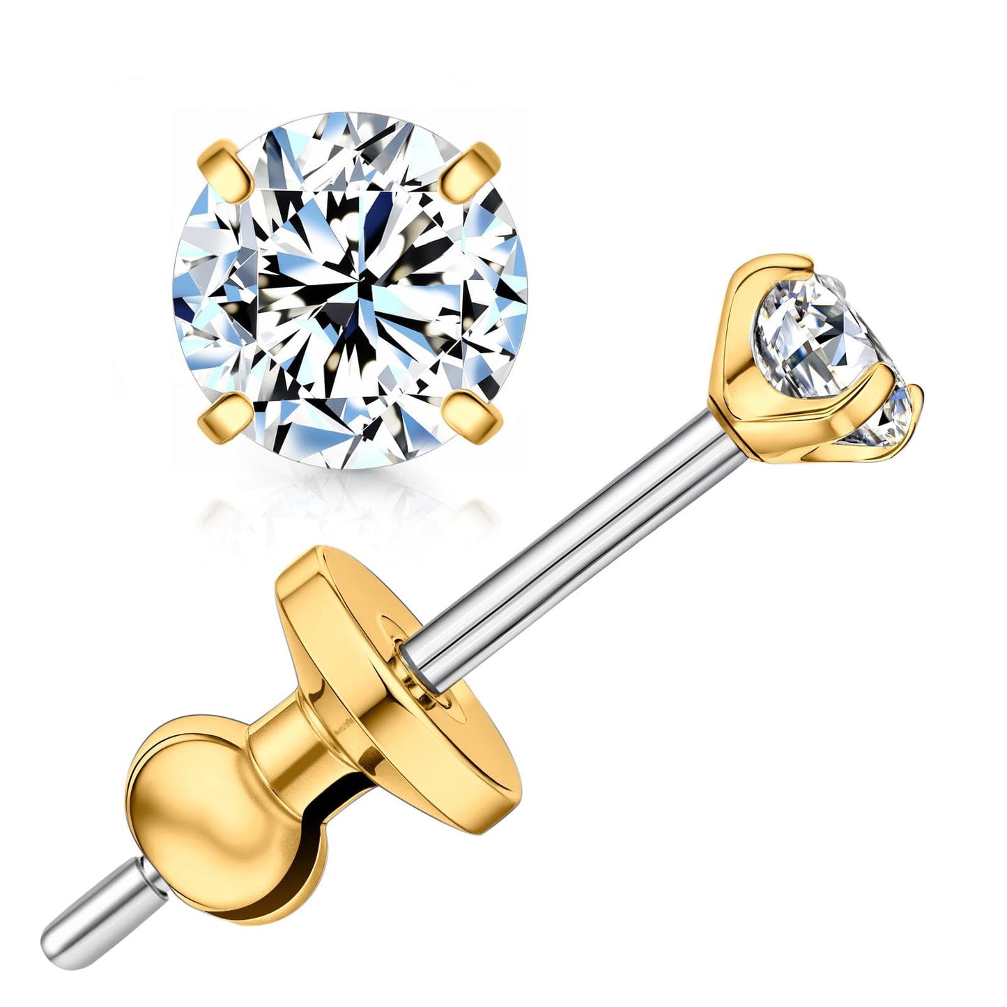 Limerencia Moissanite Earrings Studs for Women and Men, F136 Titanium Screw Back Hypoallergenic Stud Earrings, Diamond Studs Alternatives for Sensitive Ear，Gold 3mm