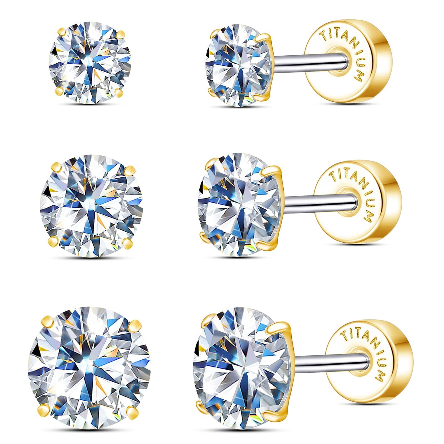 Limerencia Moissanite Stud Earrings, 3 Pairs Titanium Screw Back Hypoallergenic Earrings for Women Men,D Color VVS1 Clarity Lab-created Moissanite Earrings