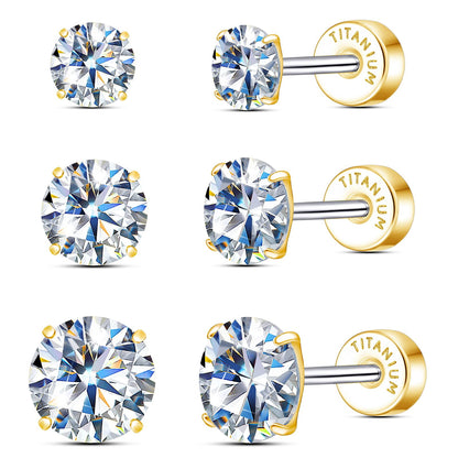 Limerencia Moissanite Stud Earrings, 3 Pairs Titanium Screw Back Hypoallergenic Earrings for Women Men,D Color VVS1 Clarity Lab-created Moissanite Earrings