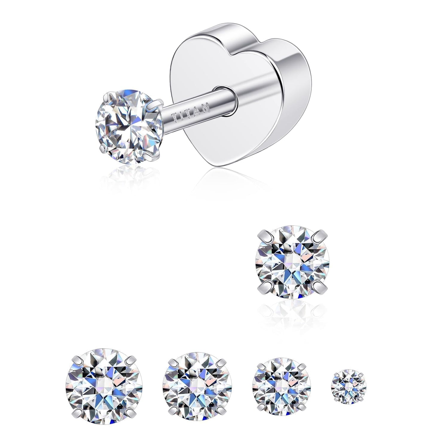 Limerencia Moissanite Stud Earrings for Women Men, F136 Hypoallergenic Titanium Earrings for Sensitive Ears, 18K White Gold Plated Heart Flat Back,3mm