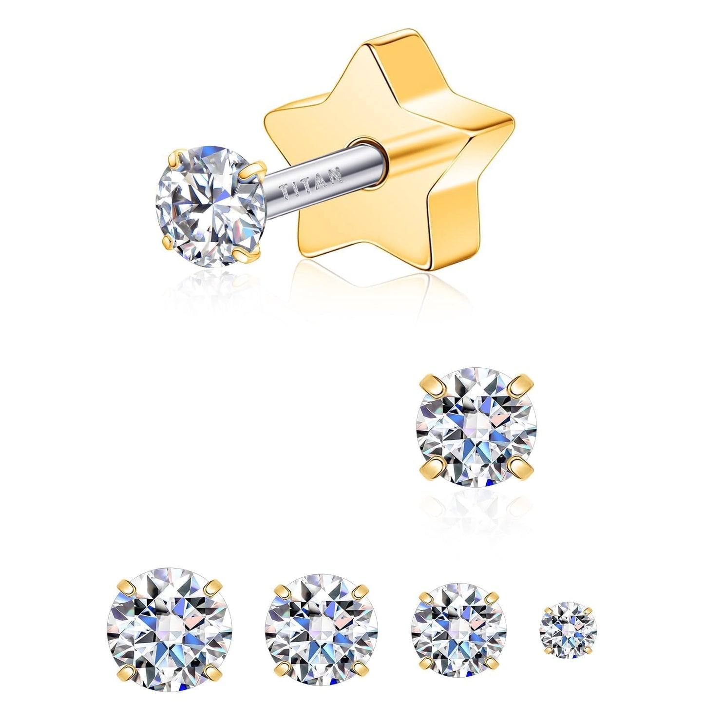 Limerencia Moissanite Stud Earrings for Women Men, F136 Hypoallergenic Titanium Earrings for Sensitive Ears, 18K White Gold Plated Star Flat Back,3mm