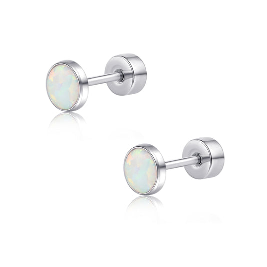 Limerencia Titanium Flat Back Stud Earrings for Women Men, F136 Cartilage Studs | Hypoallergenic Earrings, Helix Cartilage Earrings with White Opal，5mm