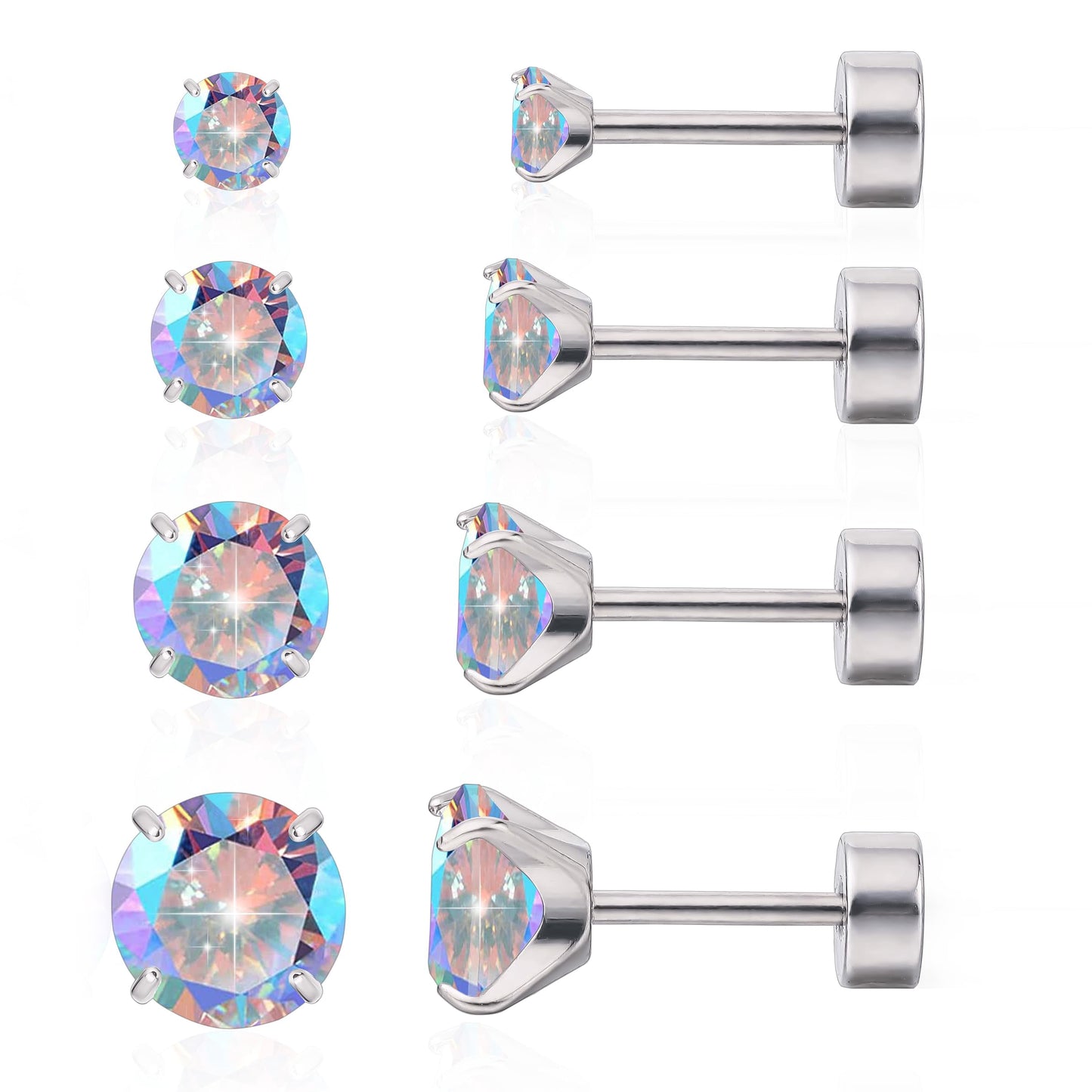 Limerencia Titanium Jewelry Flat Back Cartilage Earrings, Hypoallergenic Cubic Zirconia Studs, Pack of 4 Pairs, 3-6mm for Women and Men