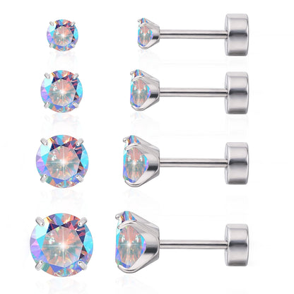 Limerencia Titanium Jewelry Flat Back Cartilage Earrings, Hypoallergenic Cubic Zirconia Studs, Pack of 4 Pairs, 3-6mm for Women and Men