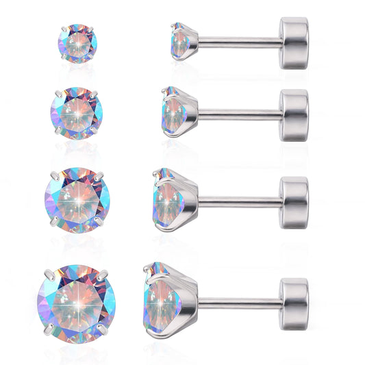 Limerencia Titanium Jewelry Flat Back Cartilage Earrings, Hypoallergenic Cubic Zirconia Studs, Pack of 4 Pairs, 3-6mm for Women and Men