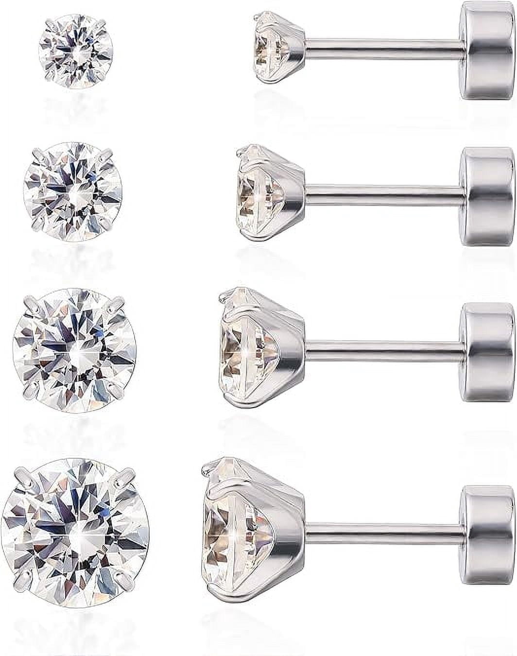 Limerencia Titanium Jewelry Flat Back Cartilage Earrings, Hypoallergenic Cubic Zirconia Studs, Pack of 4 Pairs, 3-6mm for Women and Men