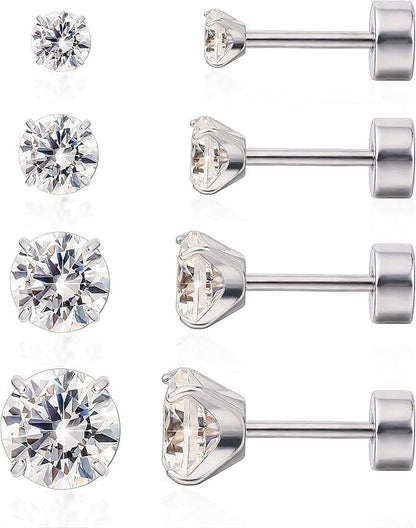 Limerencia Titanium Jewelry Flat Back Cartilage Earrings, Hypoallergenic Cubic Zirconia Studs, Pack of 4 Pairs, 3-6mm for Women and Men
