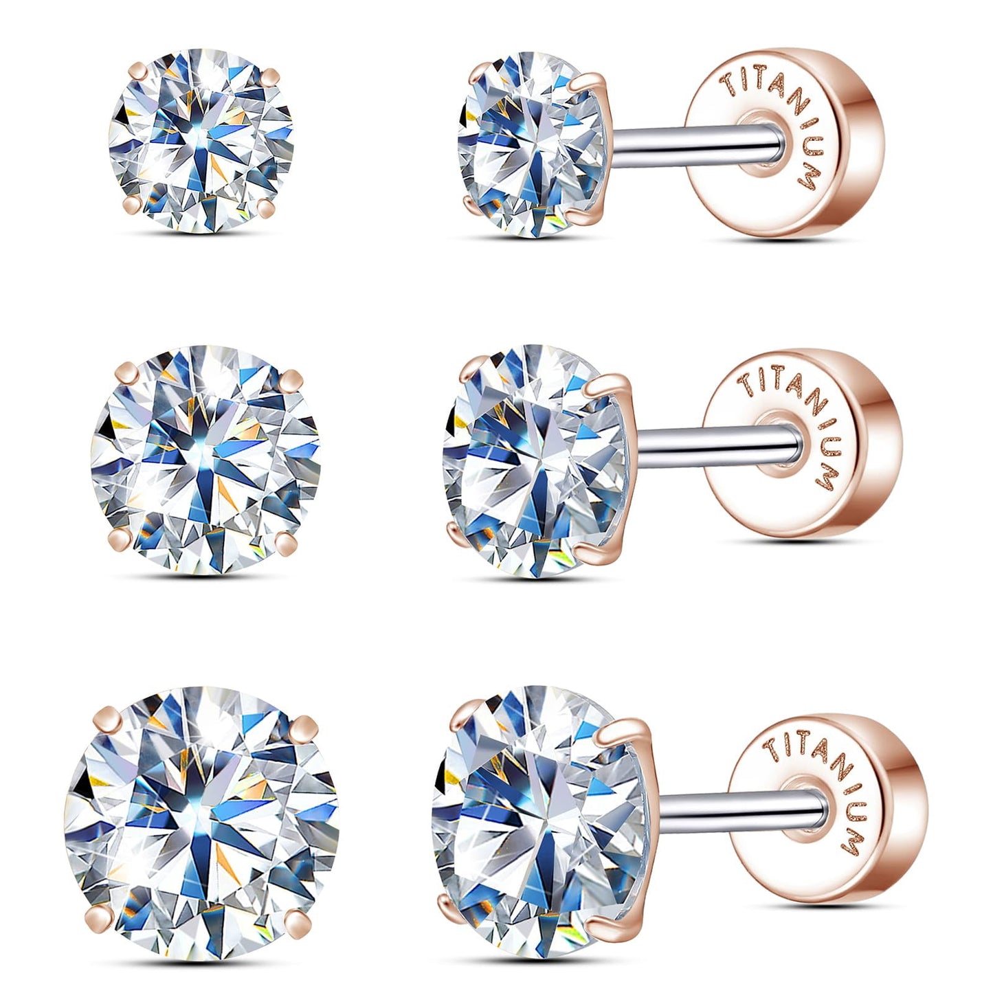 Moissanite Earrings Studs，F136 Pure Titanium Hypoallergenic | 3 Pairs, Titanium Screw Back Moissanite Stud Earrings for Women Men Trendy