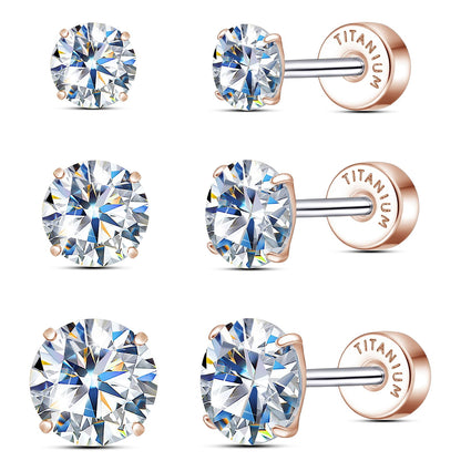 Moissanite Earrings Studs，F136 Pure Titanium Hypoallergenic | 3 Pairs, Titanium Screw Back Moissanite Stud Earrings for Women Men Trendy
