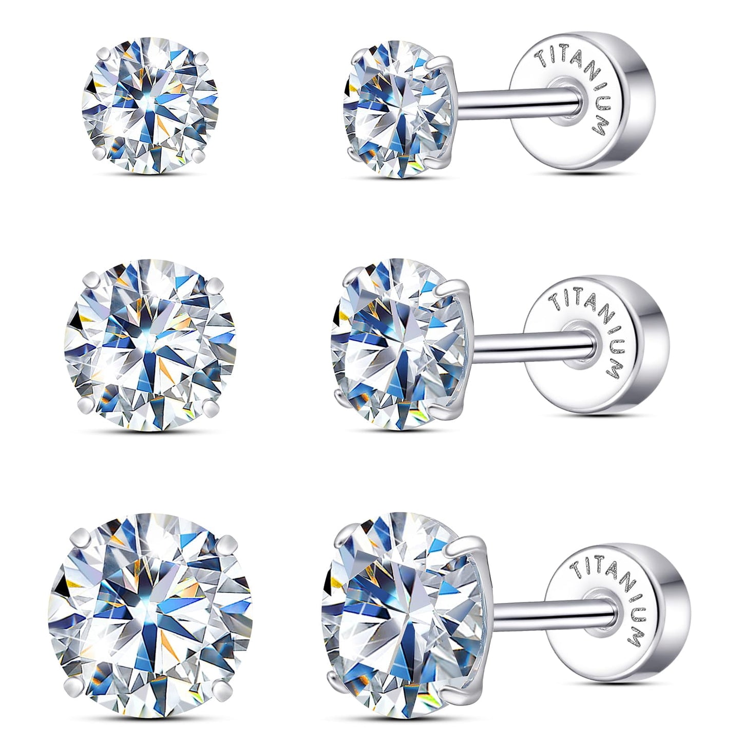 Moissanite Earrings Studs for Women and Men,3 Pairs Titanium Screw Back Earrings,D Color VVS1 Clarity Lab-created Moissanite Earrings,Diamond Studs Alternatives for Sensitive Ear