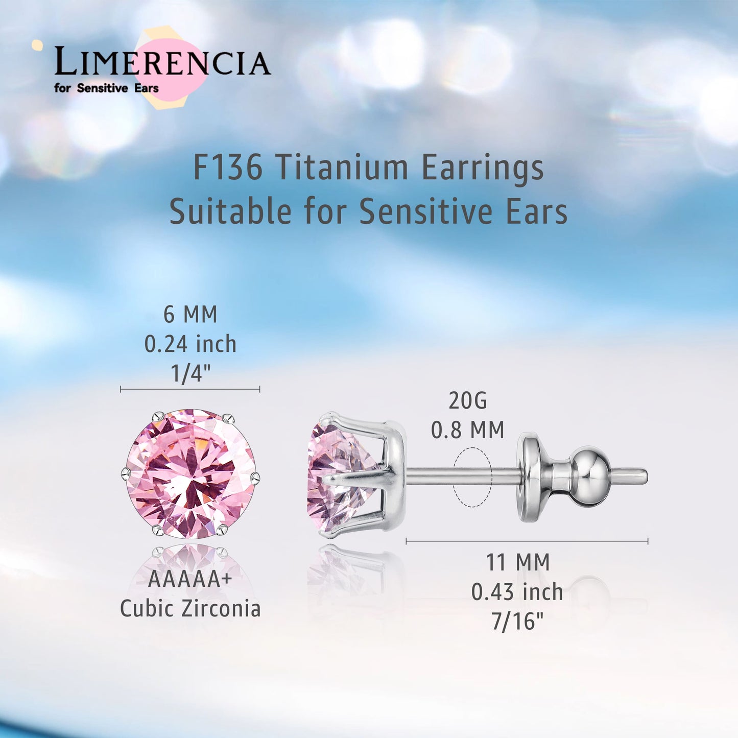Pendientes de titanio Limerencia hipoalergénicos, tachas de grado implantado F136 con circón redondo, pendientes de seis garras para mujer y hombre con orejas sensibles