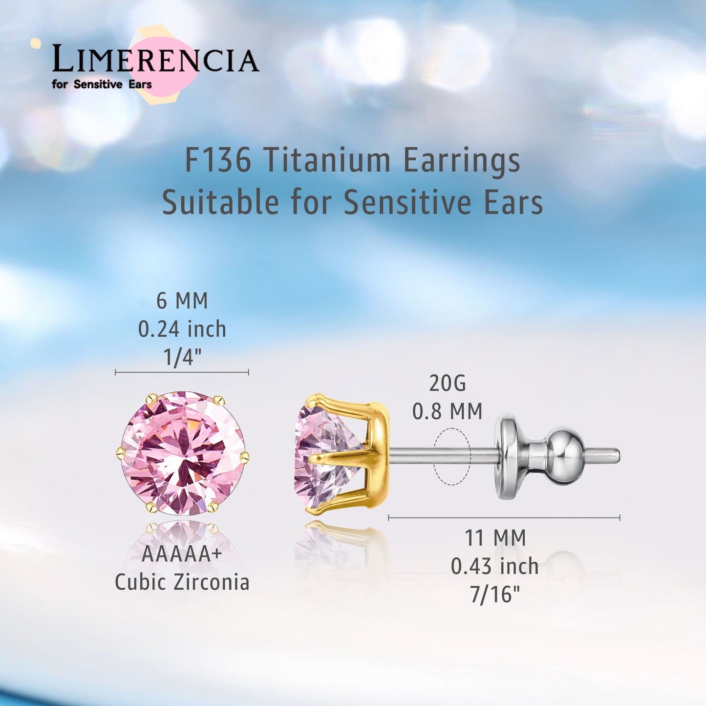 Pendientes de titanio Limerencia hipoalergénicos, tachas de grado implantado F136 con circón redondo, pendientes de seis garras para mujer y hombre con orejas sensibles