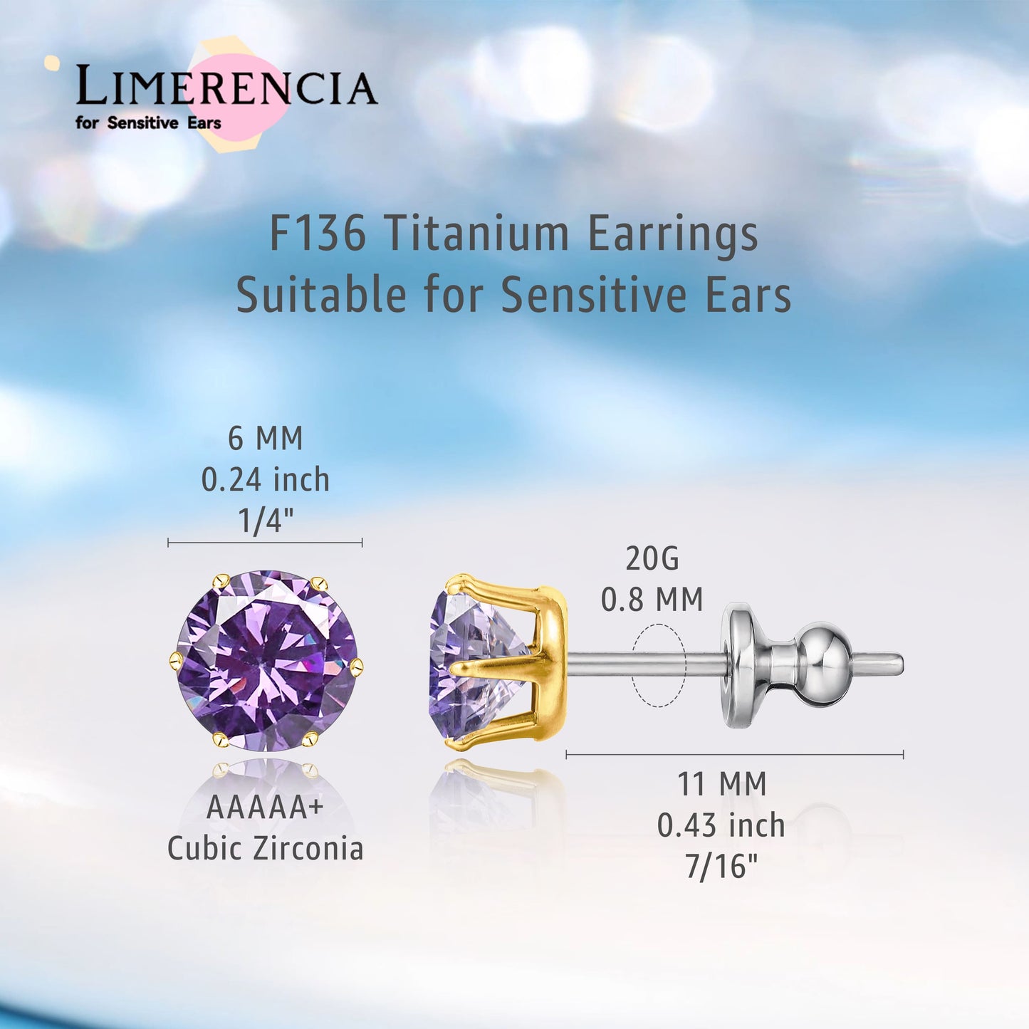 Pendientes de titanio Limerencia hipoalergénicos, tachas de grado implantado F136 con circón redondo, pendientes de seis garras para mujer y hombre con orejas sensibles