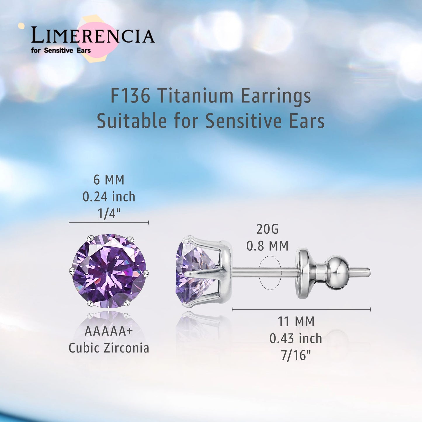 Pendientes de titanio Limerencia hipoalergénicos, tachas de grado implantado F136 con circón redondo, pendientes de seis garras para mujer y hombre con orejas sensibles