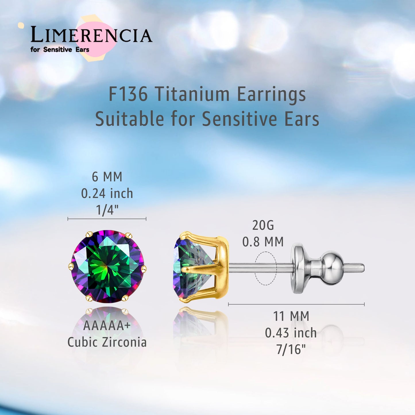 Pendientes de titanio Limerencia hipoalergénicos, tachas de grado implantado F136 con circón redondo, pendientes de seis garras para mujer y hombre con orejas sensibles