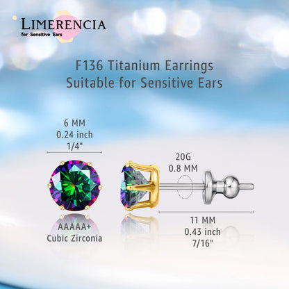 Pendientes de titanio Limerencia hipoalergénicos, tachas de grado implantado F136 con circón redondo, pendientes de seis garras para mujer y hombre con orejas sensibles