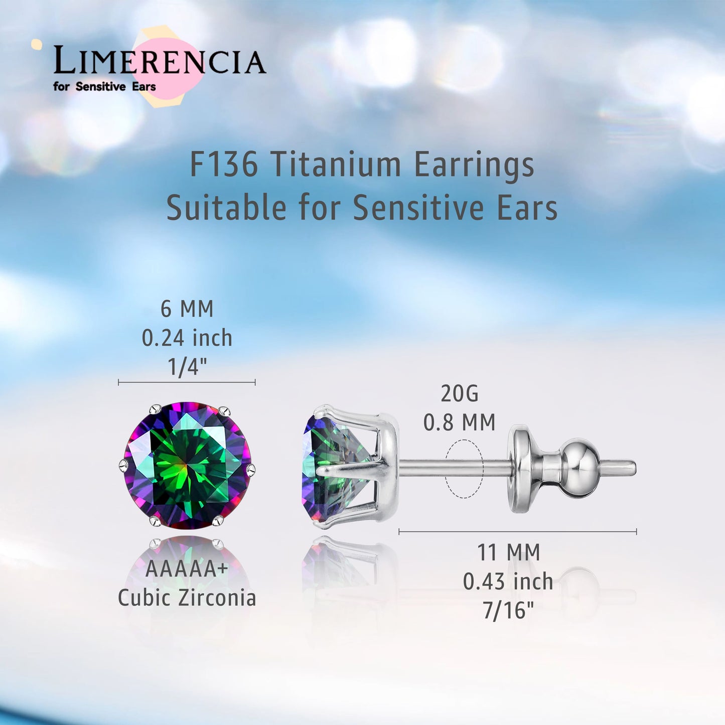 Pendientes de titanio Limerencia hipoalergénicos, tachas de grado implantado F136 con circón redondo, pendientes de seis garras para mujer y hombre con orejas sensibles