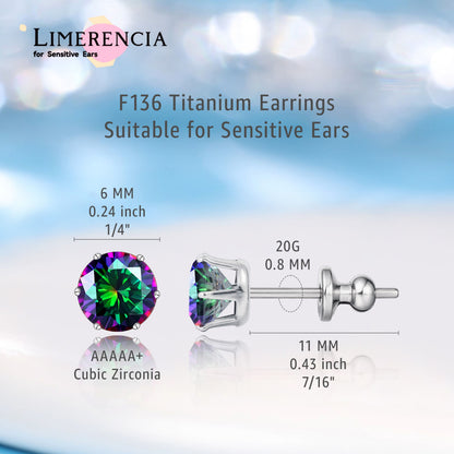 Pendientes de titanio Limerencia hipoalergénicos, tachas de grado implantado F136 con circón redondo, pendientes de seis garras para mujer y hombre con orejas sensibles