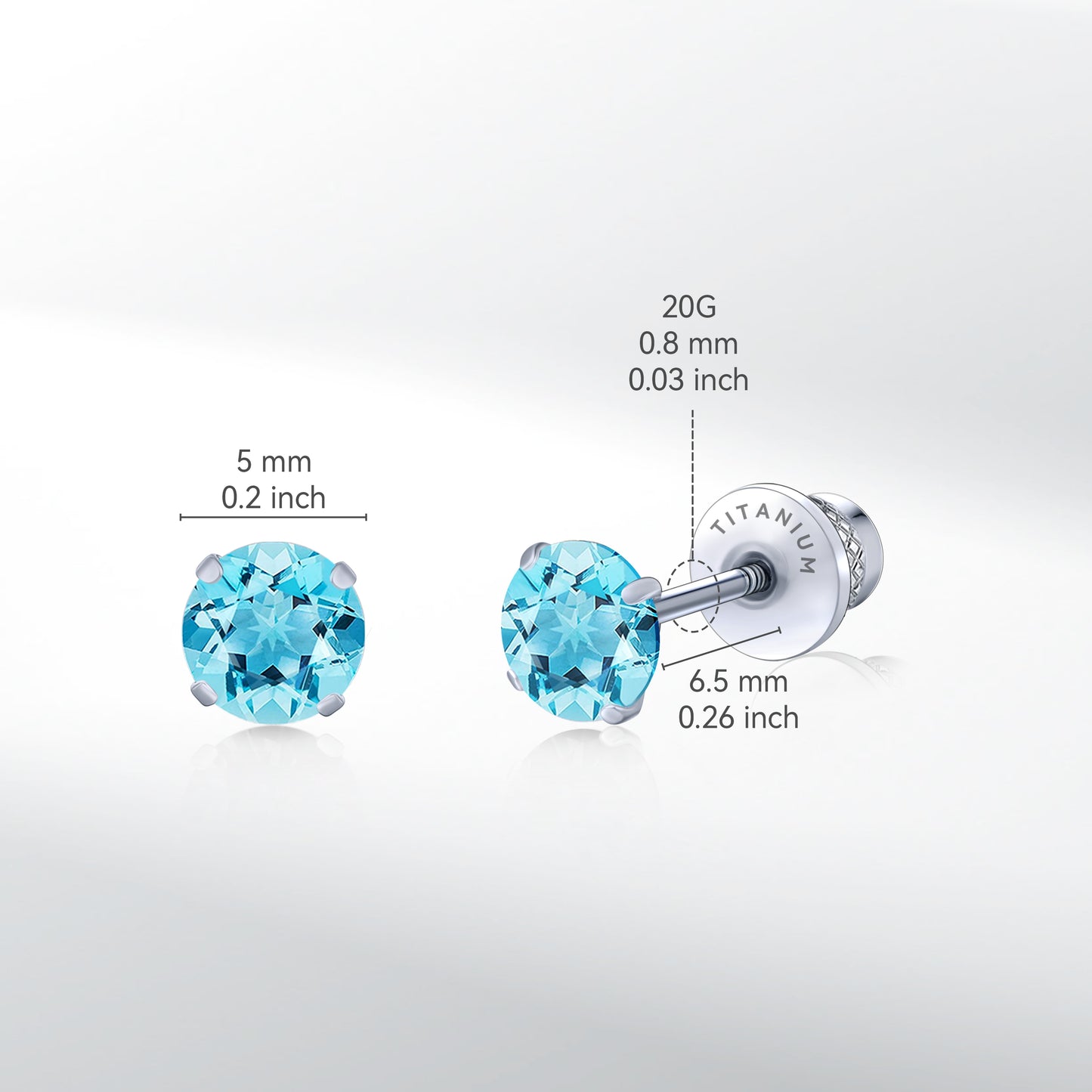 Limerencia Hypoallergenic G23 Pure Titanium Screw Back Earrings Tragus 20G Helix F136 Implant Grade Piercing Post for Sensitive Ears Simulated Diamond Cartilage (5 mm, Aquamarine)