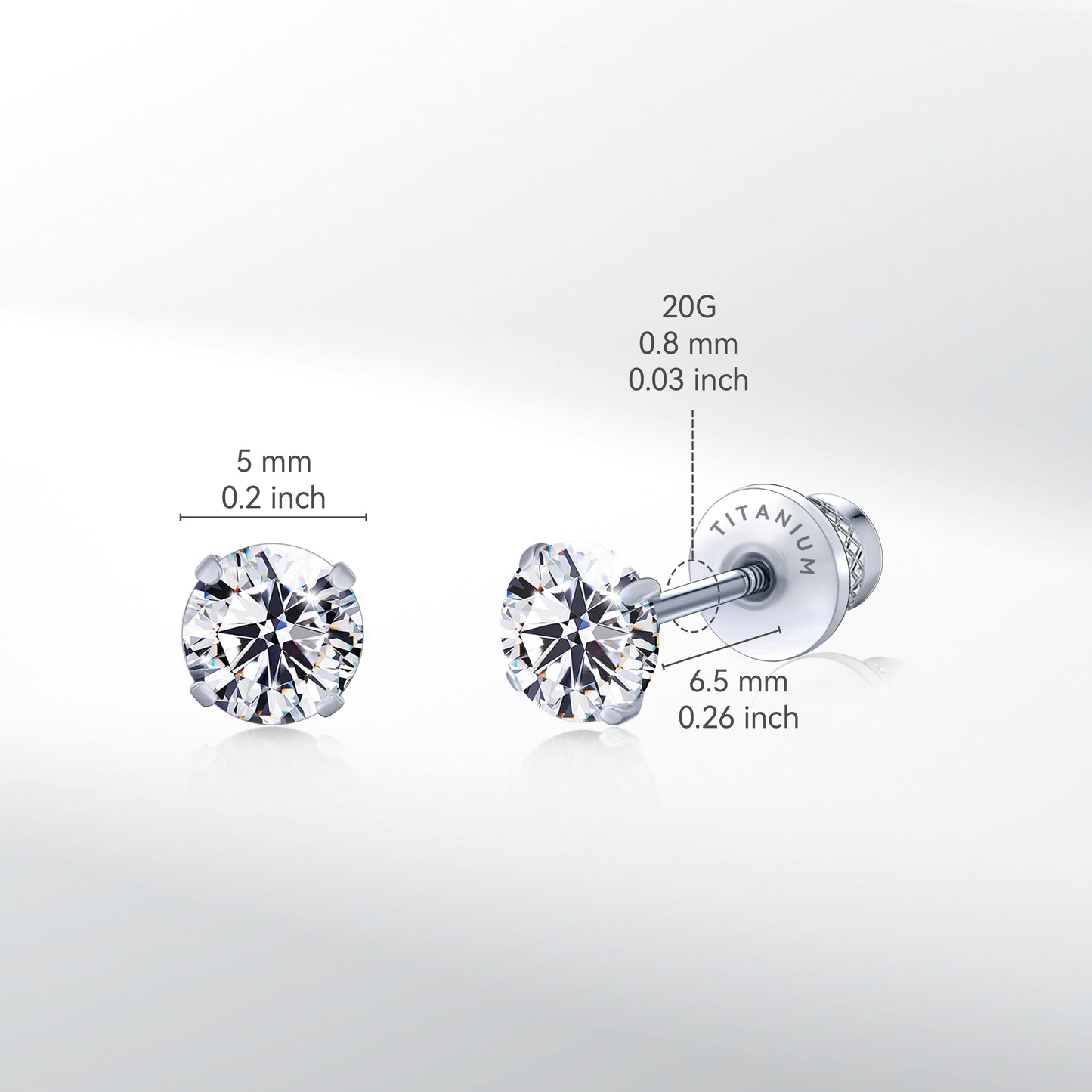 Limerencia Hypoallergenic Pure Titanium G23 Double Sided Cubic Zirconia Earrings Studs Screw Back 20G for Helix Cartilage Tragus Earlobe F136 Piercing Post for Sensitive Ears (5 mm)