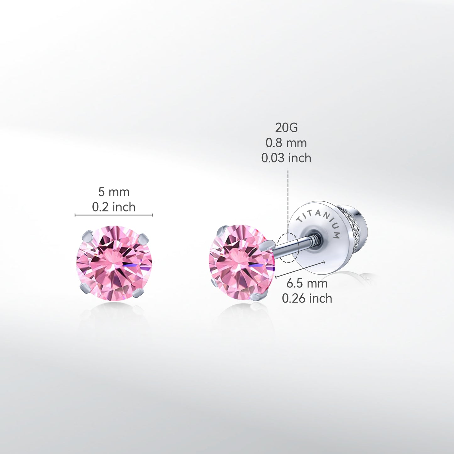 Limerencia Hypoallergenic G23 Pure Titanium Screw Back Earrings Tragus 20G Helix F136 Implant Grade Piercing Post for Sensitive Ears Simulated Diamond Cartilage (5 mm, Pink)