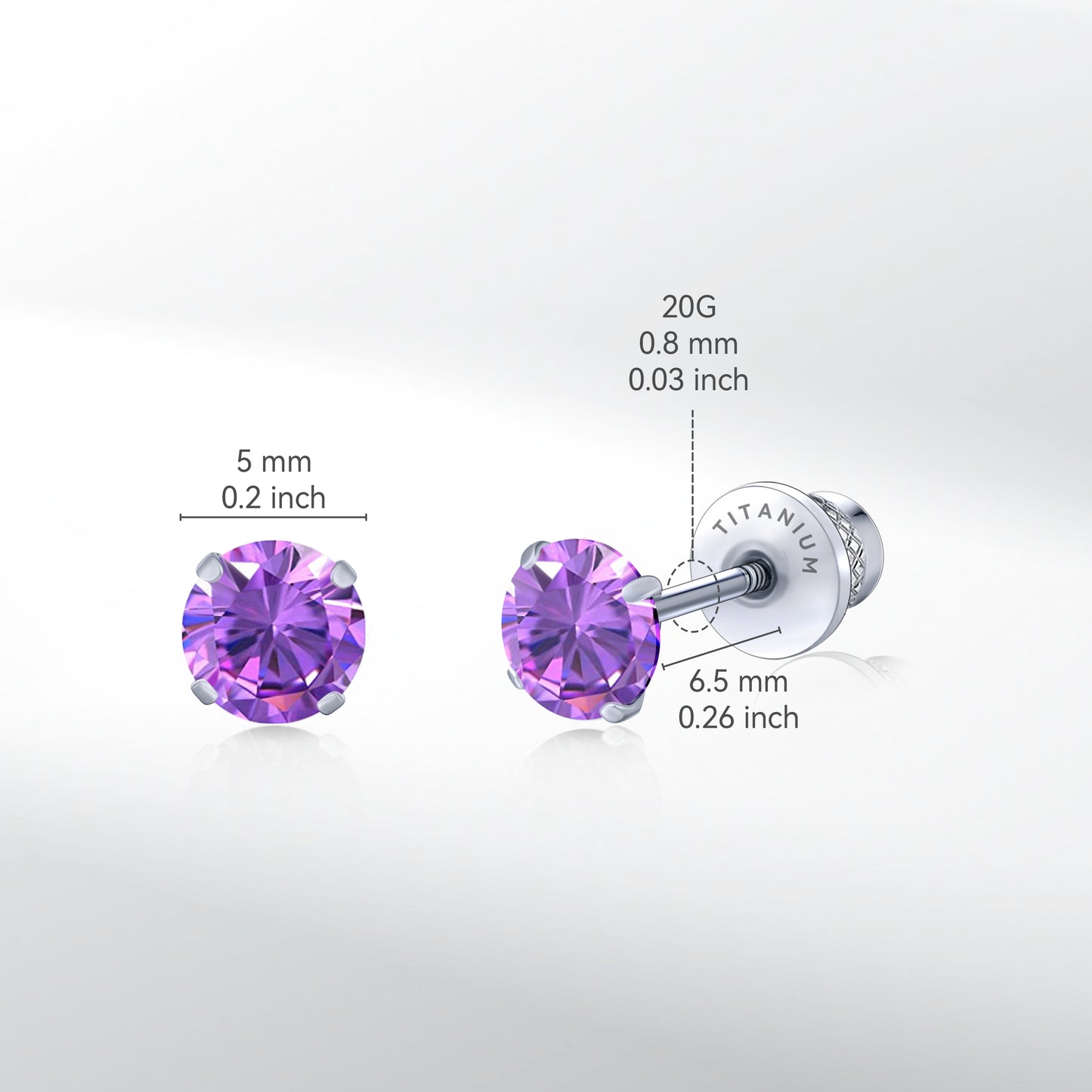 Limerencia Hypoallergenic G23 Pure Titanium Screw Back Earrings Tragus 20G Helix F136 Implant Grade Piercing Post for Sensitive Ears Simulated Diamond Cartilage (5 mm, Purple)