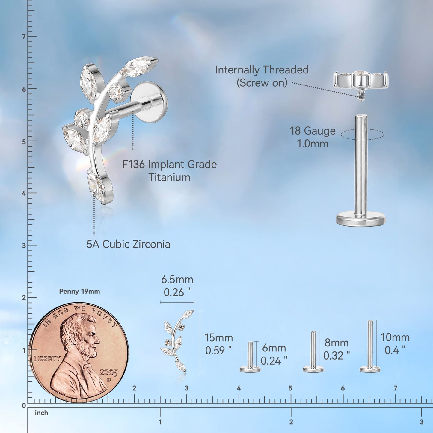 Orecchini scalatori in titanio F136 Limerencia con zircone ipoallergenici, borchie filettate internamente fondo piatto 18G, gioielli piercing per trago, elica, conca e cartilagine femminili (Modello J)