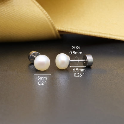 Limerencia Hypoallergenic G23 Implant Grade Titanium Screw Back Earrings Tragus 20G Helix F136 Piercing Post for Sensitive Ears Cartilage (5mm pearl)