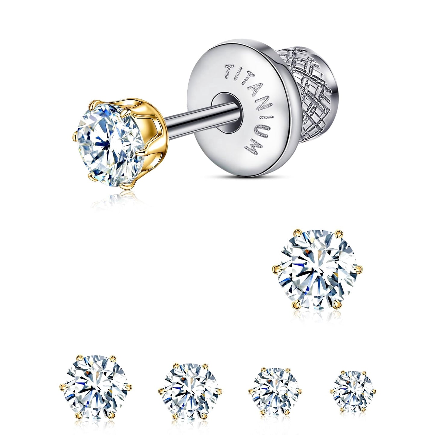 Thread Flat Back Stud Earrings,Titanium Hypoallergenic Earrings for Women Men, F136 6 Prong&nbsp;Cubic Zirconia Gold Stud Earrings,3mm