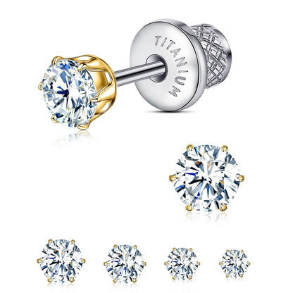 Thread Flat Back Stud Earrings,Titanium Hypoallergenic Earrings for Women Men, F136 6 Prong&nbsp;Cubic Zirconia Gold Stud Earrings,4mm