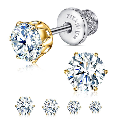 Thread Flat Back Stud Earrings,Titanium Hypoallergenic Earrings for Women Men, F136 6 Prong&nbsp;Cubic Zirconia Gold Stud Earrings,5mm