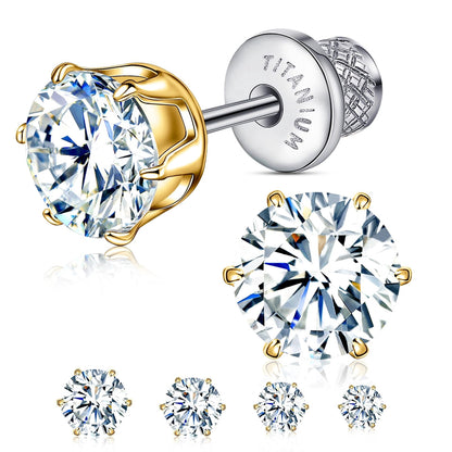 Thread Flat Back Stud Earrings,Titanium Hypoallergenic Earrings for Women Men, F136 6 Prong&nbsp;Cubic Zirconia Gold Stud Earrings,6mm