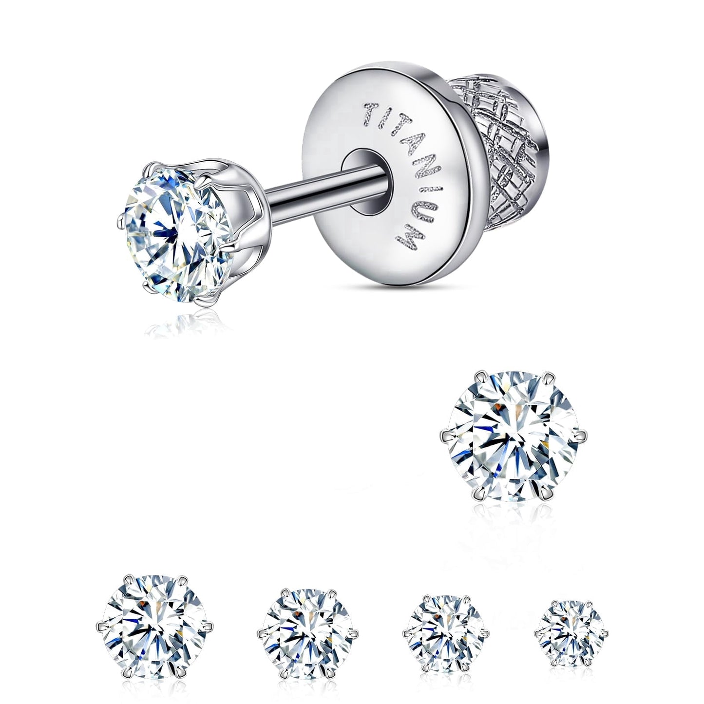 Thread Flat Back Stud Earrings,Titanium Hypoallergenic Earrings for Women Men, F136 6 Prong  Cubic Zirconia Silver Stud Earrings,3mm
