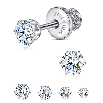 Thread Flat Back Stud Earrings,Titanium Hypoallergenic Earrings for Women Men, F136 6 Prong&nbsp;Cubic Zirconia Silver Stud Earrings,4mm