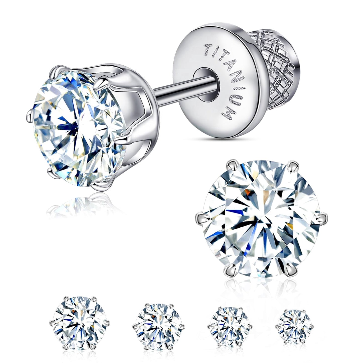 Thread Flat Back Stud Earrings,Titanium Hypoallergenic Earrings for Women Men, F136 6 Prong&nbsp;Cubic Zirconia Silver Stud Earrings,5mm