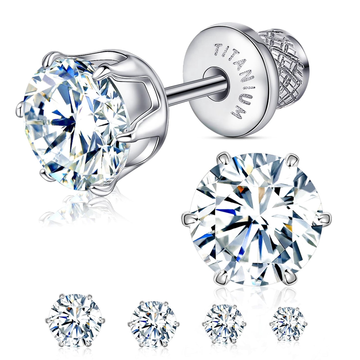 Thread Flat Back Stud Earrings,Titanium Hypoallergenic Earrings for Women Men, F136 6 Prong&nbsp;Cubic Zirconia Silver Stud Earrings,6mm