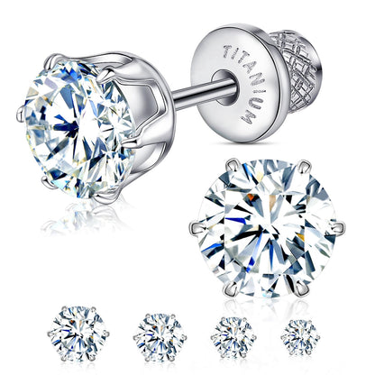 Thread Flat Back Stud Earrings,Titanium Hypoallergenic Earrings for Women Men, F136 6 Prong&nbsp;Cubic Zirconia Silver Stud Earrings,6mm