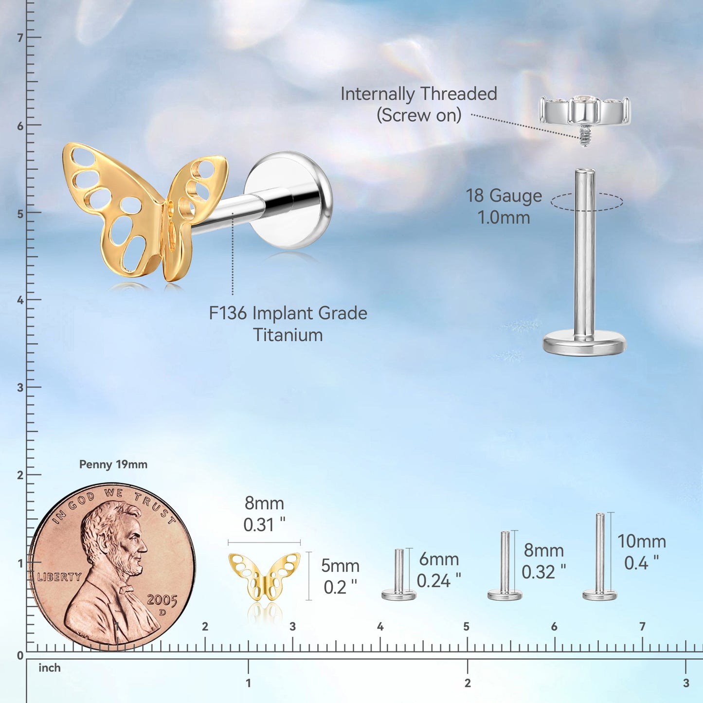 Limerencia Pure Titanium F136 Hypoallergenic Piercing Jewelry,Flat Back Internally Threaded Stud Earring 18g for Cartilage/Tragus/Helix/Conch/Nose/Lip (butterfly 1pc)