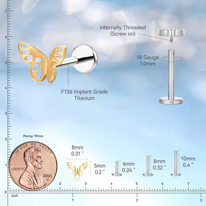 Limerencia Piercingschmuck aus reinem Titan F136, hypoallergen, mit flacher Rückseite, innenliegendes Gewinde, Ohrstecker 18g für Knorpel/Tragus/Helix/Conch/Nase/Lippe (Schmetterling 1 Stk.)
