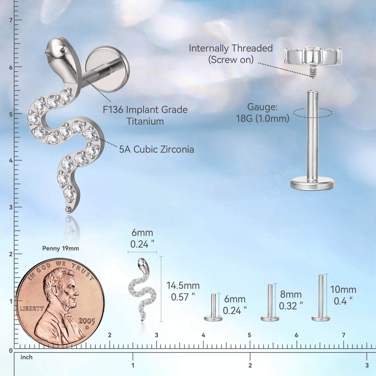 Limerencia Titanium Earrings with Snake Flat Back Internal Threading, Unisex (1 Piece)