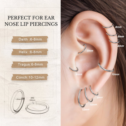 Limerencia G23 Titanium Slim Hoop Earrings, Hypoallergenic Nose/Lip Earrings 3Pairs Silver Unisex