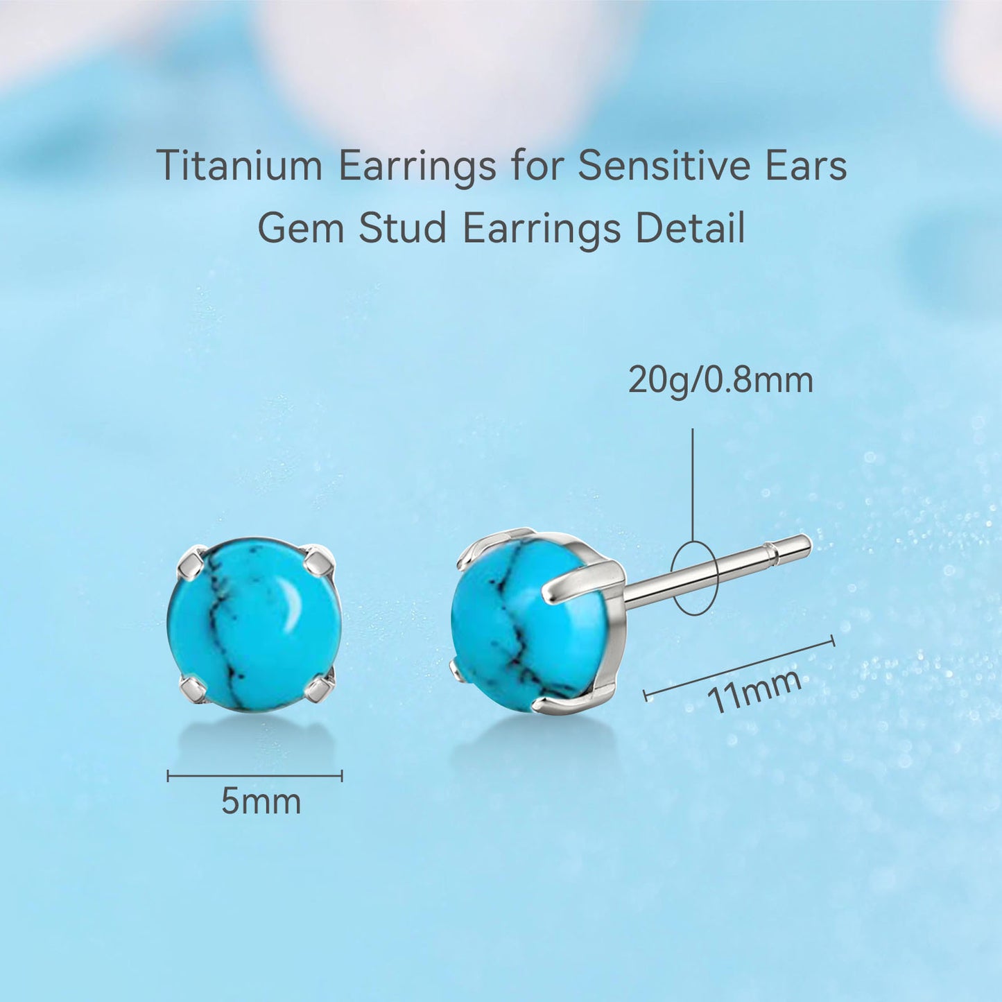 Limerencia G23 Hypoallergenic Pure Titanium Earrings, Opal/Moonstone/Cat's Eye/Blue Turquoise Stud Earrings, F136 Implant Grade|Delicate Jewelry for Sensitive Ears (5mm, Blue Turquoise)