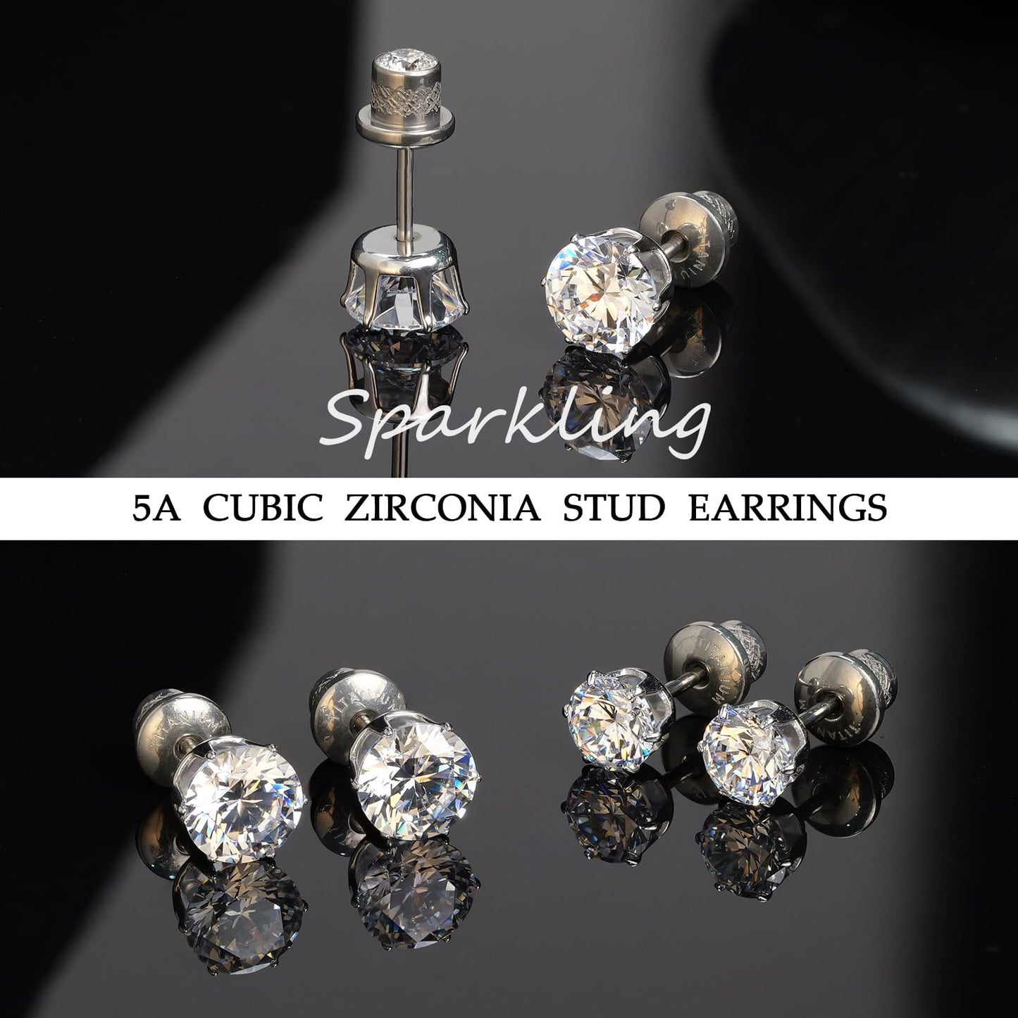 Thread Flat Back Stud Earrings,Titanium Hypoallergenic Earrings for Women Men, F136 6 Prong&nbsp;Cubic Zirconia Silver Stud Earrings,5mm